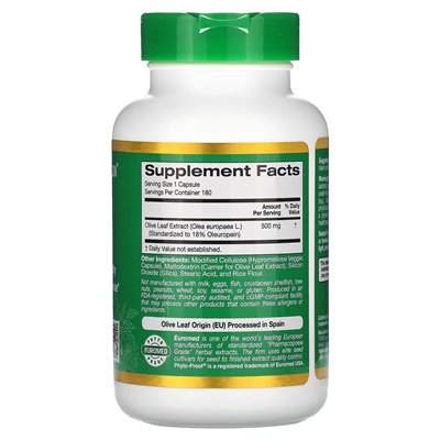 California Gold Nutrition, EuroHerbs, Ekstrakt z liści oliwek, jakość Euromedu, 500 mg, 180 kapsułek wegetariańskich
