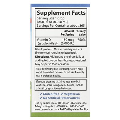 Carlson, Super Daily® D3, 150 mcg (6000 IU), 0.35 fl oz (10.3 ml)