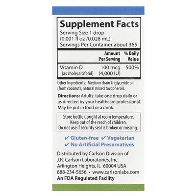 Carlson, Super Daily® D3, 100 mcg (4000 IE), 0,35 Fl Oz (10,3 ml)
