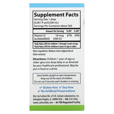 Carlson, Kids Super Daily® D3, 10 mcg (400 IU), 0,35 Fl Oz (10,3 ml) Carlson, Kids Super Daily® D3, 10 mcg (400 IU), 0,35 Fl Oz (10,3 ml)