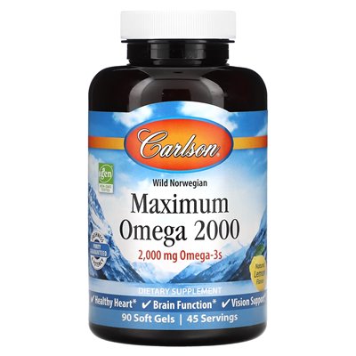Carlson, Wild Norwegian, Maksimum Omega 2000, Natural Lemon, 2000 mg, 90 miękkich żeli (1000 mg na miękki żel)