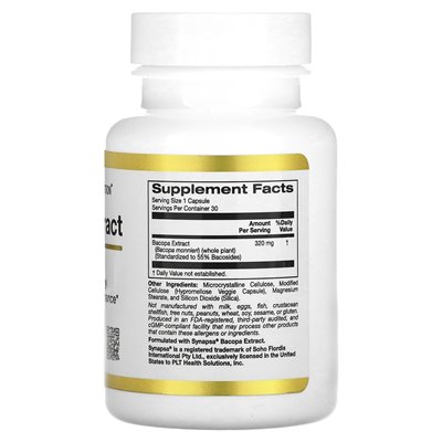 California Gold Nutrition, Bacopa Extract, 320mg, 30 Vegetarian Capsules