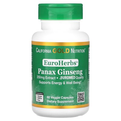 California Gold Nutrition, EuroHerbs, Ekstrakt z żeńówki Panax, jakość Euromedu, 250 mg, 60 kapsułek wegetariańskich California Gold Nutrition, EuroHerbs, Ekstrakt z żeńówki Panax, jakość Euromedu, 250 mg, 60 kapsułek wegetariańskich