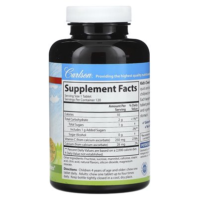Carlson, witamina C Kid's do żucia C, Natural Tangerine, 250 mg, 120 wegetariańskich tabletek
