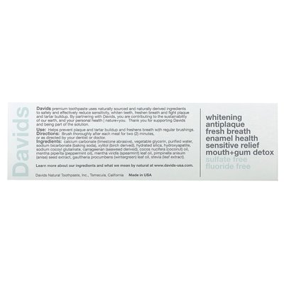Davids Natural Toothpaste, Premium Toothpaste, Sensitive + Whitening, Natural Peppermint, 1.75 oz (50 g) Davids Natural Toothpaste, Premium Toothpaste, Sensitive + Whitening, Natural Peppermint, 1.75 oz (50 g)