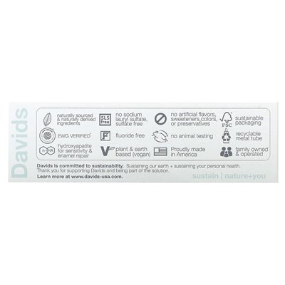 Davids Natural Toothpaste, Premium Toothpaste, Sensitive + Whitening, Natural Peppermint, 1.75 oz (50 g) Davids Natural Toothpaste, Premium Toothpaste, Sensitive + Whitening, Natural Peppermint, 1.75 oz (50 g)