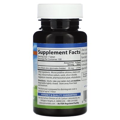 Carlson, Chelatisiertes Zink, 30 mg, 100 Tabletten