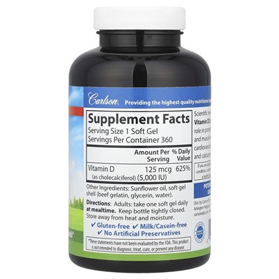 Carlson Vitamin D3 125 MCG (5000 IU) 360 Softgels