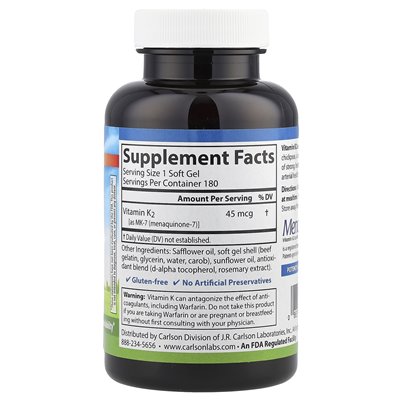 Carlson, Vitamin K2, MK-7 (Menaquinone-7), 45 McG, 180 Softgels
