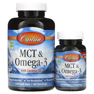 Carlson, MCT i Omega-3, 120 + 30 Darmowe miękkie żele