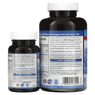 Carlson, MCT i Omega-3, 120 + 30 Darmowe miękkie żele