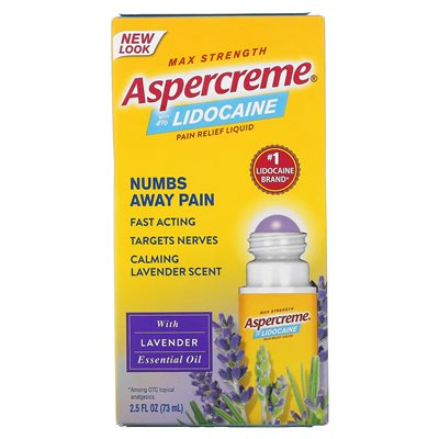 Aspercreme, Max Siły Pain Relief Płyn, z 4% lidokainą, olejem eterycznym lawendowym, 2,5 fl oz (73 ml)