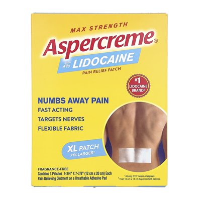 Aspercreme, łatka do odciążenia bólu z 4% lidokainą, maksymalną siłą, XL, bez zapachu, 3 łatki