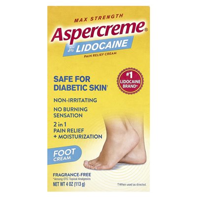 Aspercreme, krem ​​do stóp do bólu z 4% lidokainą, maksymalną siłą, bez zapachu, 4 uncji (113 g)