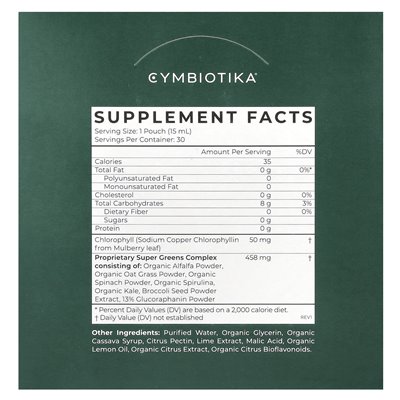 Cymbiotika, Super Zielone, z chlorofilem, wapnem cytrusowym, 30 torebek, 15 ml każdy