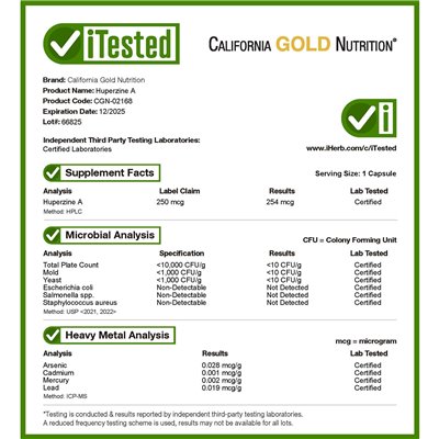 California Gold Nutrition, Huperzine A, 250 McG, 90 Vegetarian Capsules