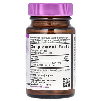 Bluebonnet Nutrition, witamina A, 3000 mcg (10 000 IU), 100 miękkich Bluebonnet Nutrition, witamina A, 3000 mcg (10 000 IU), 100 miękkich