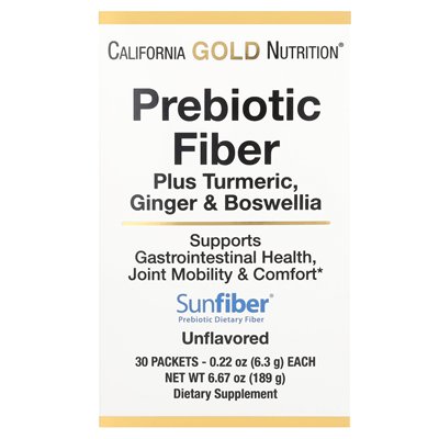 California Gold Nutrition, Prebiotic Fibre Plus kurkuma, imbir i Boswellia, 30 pakietów, 0,22 uncji (6,3 g) każdy California Gold Nutrition, Prebiotic Fibre Plus kurkuma, imbir i Boswellia, 30 pakietów, 0,22 uncji (6,3 g) każdy