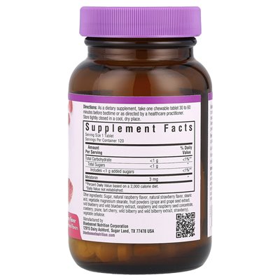 Bluebonnet Nutrition, Earthsweet® Chewables, Melatonin, Raspberry, 3 mg, 120 tabletek do żucia
