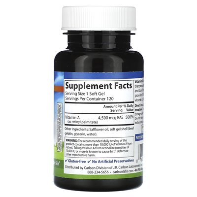 Carlson, Vitamin A, 4500 mcg Rae (15,000 IU), 120 Softgels