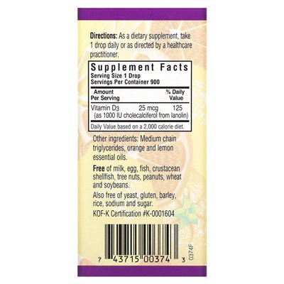 Bluebonnet Nutrition, Liquid Vitamin D3, Citrus, 25 mcg (1000 IU), 1 fl oz (30 ml)