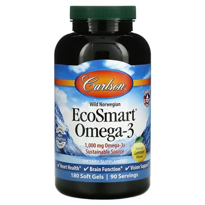 Carlson, Ecosmart Omega-3, naturalna cytryna, 1000 mg, 180 miękkich żeli (500 mg na miękki żel)