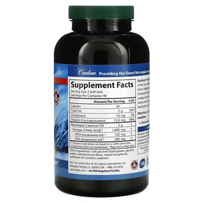 Carlson, Ecosmart Omega-3, naturalna cytryna, 1000 mg, 180 miękkich żeli (500 mg na miękki żel)