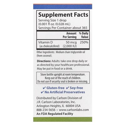 Carlson, Super Daily® D3, 50 mcg (2000 IU), 0,35 Fl Oz (10,3 ml)
