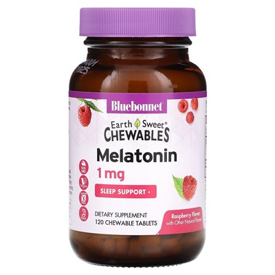 Bluebonnet Nutrition, Earth Sweet Dżewables, melatonina, malina, 1 mg, 120 tabletek do żucia