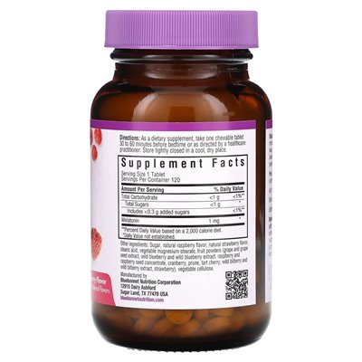 Bluebonnet Nutrition, Earth Sweet Dżewables, melatonina, malina, 1 mg, 120 tabletek do żucia