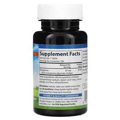 Carlson, Chelated Manganese, 20mg, 100 Tablets