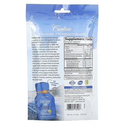 Carlson, Wild Norwegian Chima Olej z wątroby, naturalna cytryna, 15 płynnych pakietów, 0,17 fl oz (5 ml)