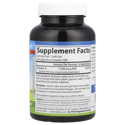 Carlson, Vitamin A, 7500 MCG RAE (25.000 IE), 300 Weichkapseln