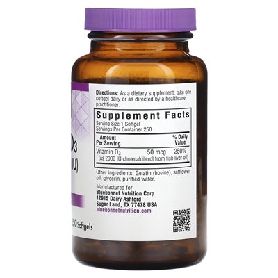 Bluebonnet Nutrition, witamina D3, 50 mcg, (2000 IU), 250 miękkich Bluebonnet Nutrition, witamina D3, 50 mcg, (2000 IU), 250 miękkich