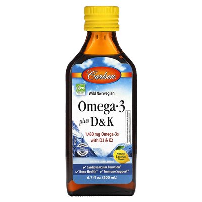 Carlson, Omega 3 Plus D&ampK, naturalna cytryna, 1 430 mg, 6,7 fl oz (200 ml)