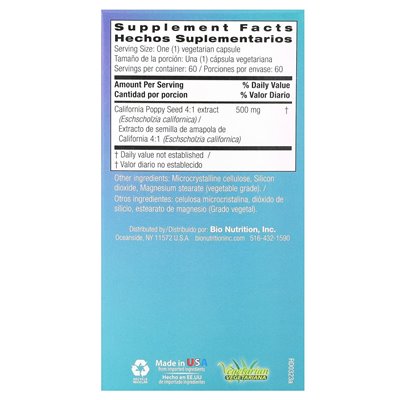 Bio Nutrition, California Poppy Seed, 60 kapsułek wegetariańskich Bio Nutrition, California Poppy Seed, 60 kapsułek wegetariańskich