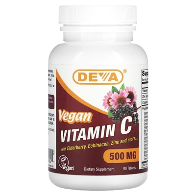 Deva, wegańska witamina C z bzem czarnym, echinacea, cynk, 500 mg, 90 tabletek