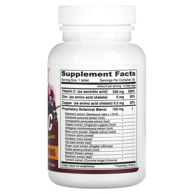 Deva, wegańska witamina C z bzem czarnym, echinacea, cynk, 500 mg, 90 tabletek