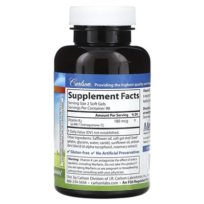 Carlson, witamina K2, 180 mcg, 180 miękkich żeli (90 mcg na miękki żel)
