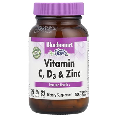 Bluebonnet Nutrition, witamina C, D3 i cynk, 50 kapsułek warzywnych