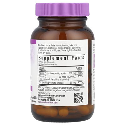 Bluebonnet Nutrition, witamina C, D3 i cynk, 50 kapsułek warzywnych