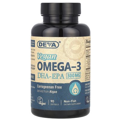 Deva, Wegańskie Omega-3, DHA-EPA, 300 mg, 90 Softgeli Deva, Wegańskie Omega-3, DHA-EPA, 300 mg, 90 Softgeli