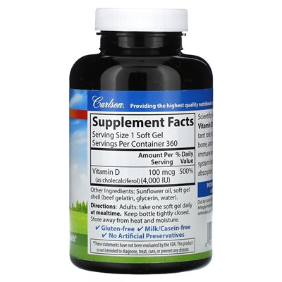 Carlson, Vitamin D3, 100 mcg (4000 IE), 360 Weichkapseln