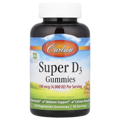 Carlson, Super D3 Gummies, natürliche Früchte, 100 Mcg (4000 IE), 120 vegetarische Gummies (25 mcg (1000 IE) pro Gummi)