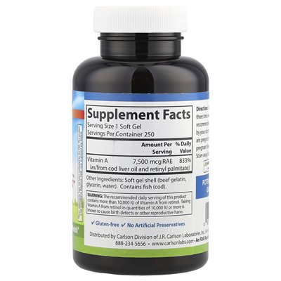 Carlson, Vitamin A, 7500 MCG RAE (25,000 IU), 250 Softgels