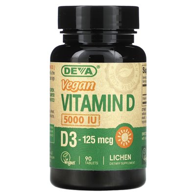 Deva, wegańska witamina D3, 125 mcg (5000 IU), 90 tabletek
