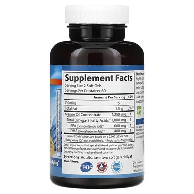 Carlson, Maximum Mini Omega, natürliche Zitrone, 1000 mg, 120 Mini-Softgels (500 mg pro Softgel)
