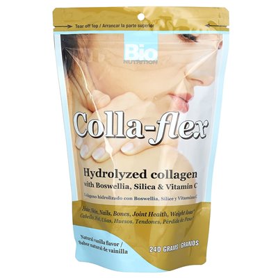 Bio Nutrition, colla-flex, hydrolizowany kolagen z Boswellią, krzemionką i witaminą C, naturalna wanilia, 240 g
