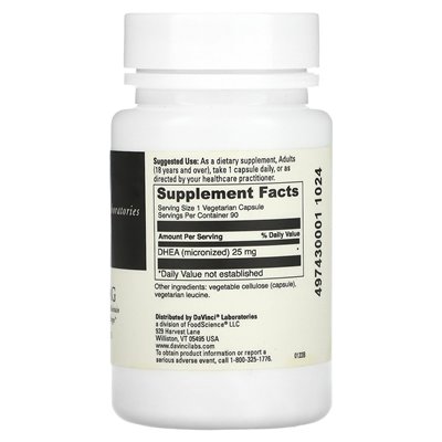 DaVinci Laboratories of Vermont, mikronizowany DHEA, 25 mg, 90 kapsułek