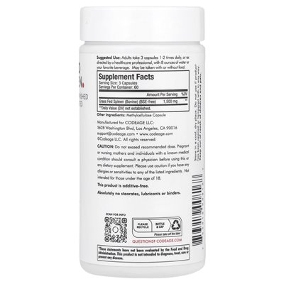 Codeage, Grass-Fed Beef Spleen, 500mg, 180 Capsules